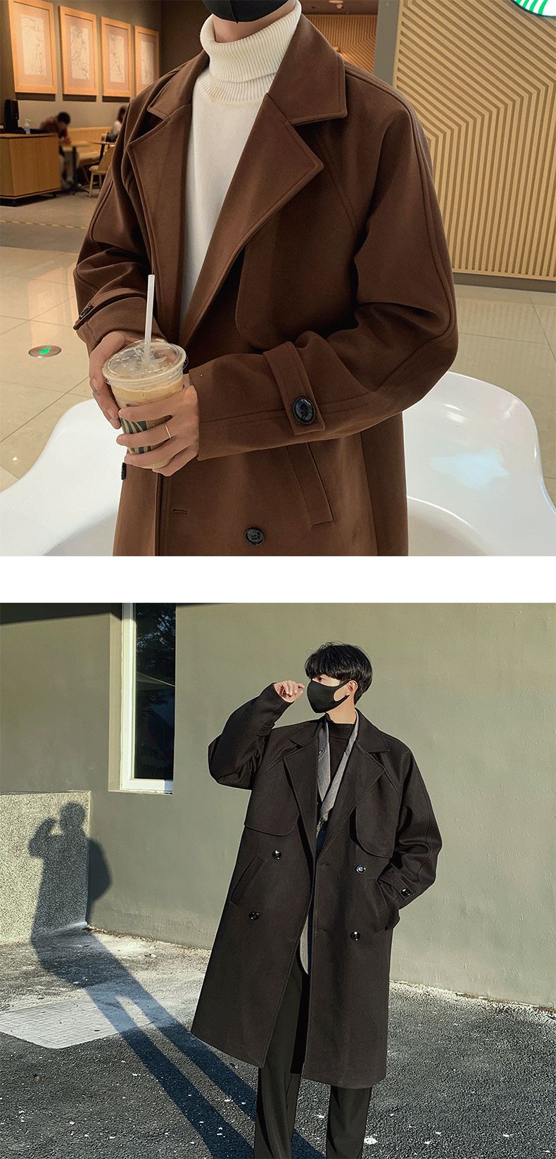 Men's Autumn Winter Mid Length Woolen Coat New Korean Tide Black Thickned Overcoat Long Sleeve Double-breasted Jackets