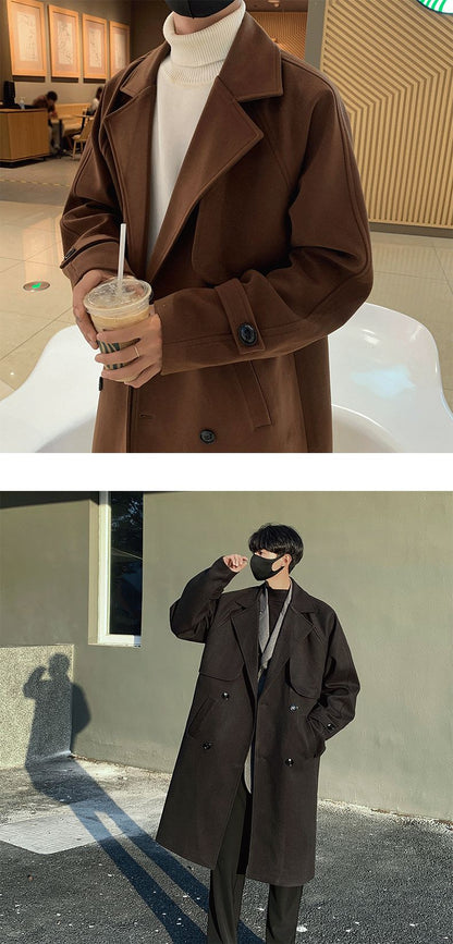 Men's Autumn Winter Mid Length Woolen Coat New Korean Tide Black Thickned Overcoat Long Sleeve Double-breasted Jackets