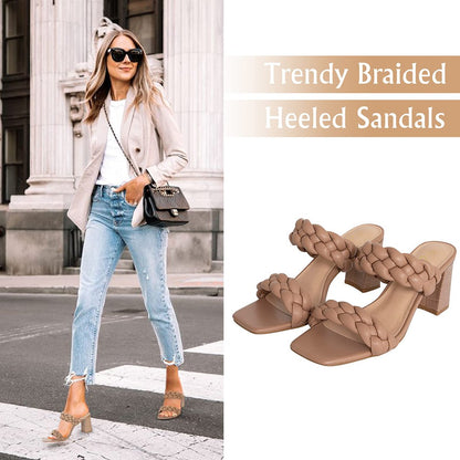 Elegant Women's Braided Heels Sandalias Fashion Strappy Square Sandals Open Toe Backless Mules Slip On Block Heeled Shoes
