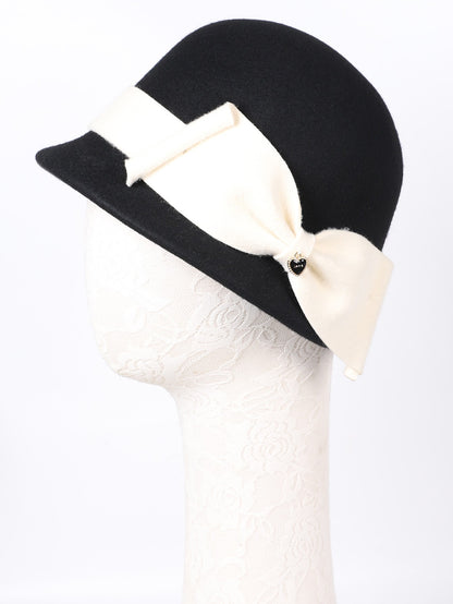 Chapéus de inverno luxuosos e elegantes de lã feltro para mulheres preto/branco com aba enrolada para casamento igreja coquetel chá de festa a rigor