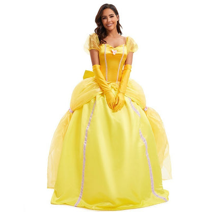 Beauty And The Beast Bell Yellow Long Dress Halloween Costume Belle Princess Dress Masquerade Carnival Adult Belle Roles Suit