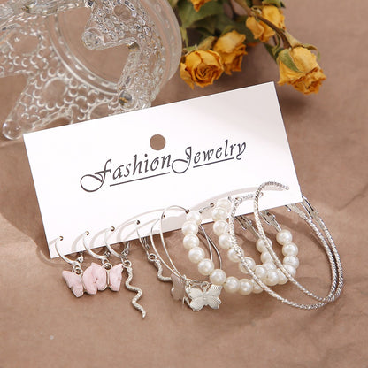 Brincos Grandes de Argola Redonda Cor Prata com Pérolas para Mulheres e Meninas, Brincos Pendentes de Cobra e Borboleta, Conjunto de Joias Y2K Femininas
