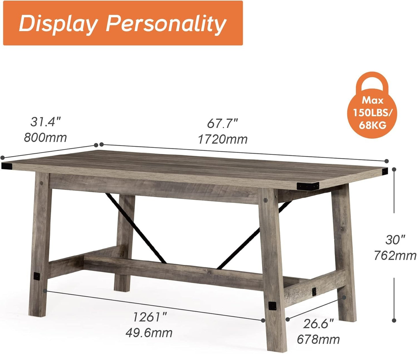 4-6 Person Farmhouse Dining Table with Heavy Duty Wooden Legs, 67.7 Inch Rectangular Modern Wood Kitchen Table