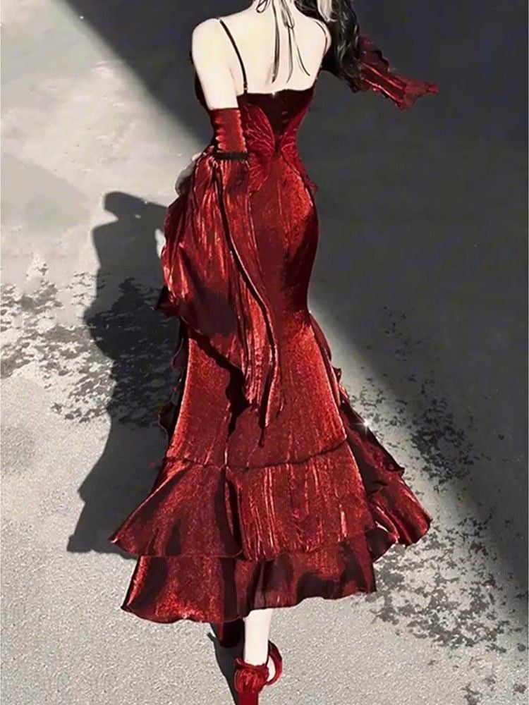 Red Rose Dress Lolita Mermaid Dress Elegant Goddess Lolita Adult Ceremony Dress Skirt
