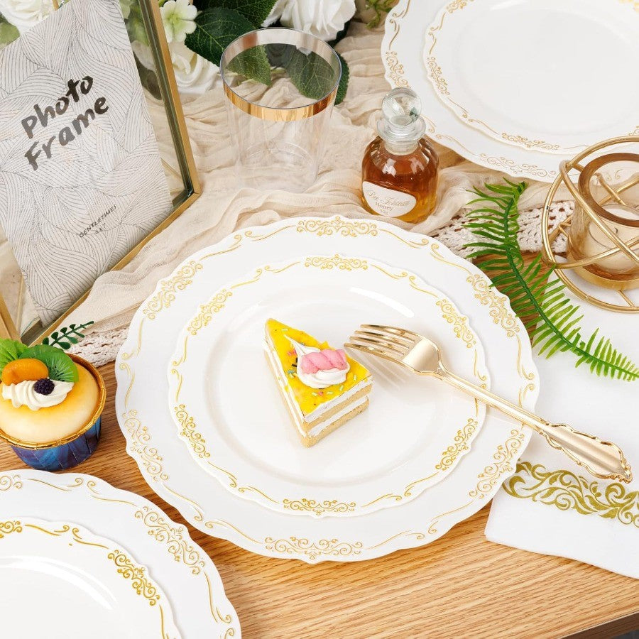 210Pcs Ivory Plastic Plates Disposable Plates Heavy Duty Gold Plastic Dinnerware Set for Party Wedding Event Includes 30 Dinner