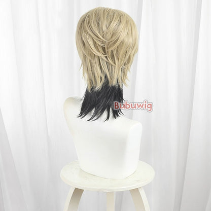 Peruca de Cosplay Zanka Nijiku de Cabelo Sintético Bubuwig Perucas de Anime Gachiakuta Zanka Nijiku Peruca Curta Loiro Misto Preto de 30cm Resistente ao Calor