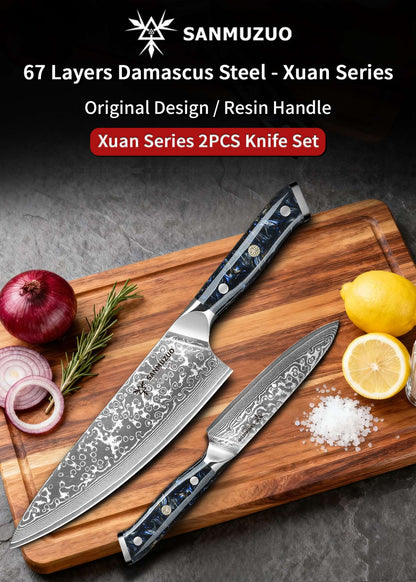 SANMUZUO Conjunto de Facas de Cozinha 2 Peças - Série Xuan Faca de Chef e Faca Utilitária de Aço Damasco Ultra Afiadas - Cabo de Resina para Culinária Diária