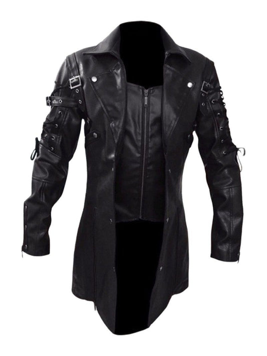 Fashion Black Pu Leather Trench Coat Men Winter Gothic Steampunk Leather Motorcycle Jacket Male Outwear EU Size XXXXXL