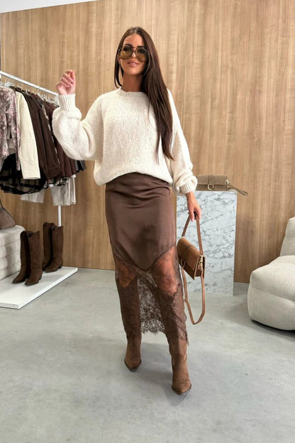 Trendix Women Patchwork Lace Skirts 2025 New High Waist Slim Hollow Out Maxi Skirts Autumn Brown Fashion Party Club Boho Skirt