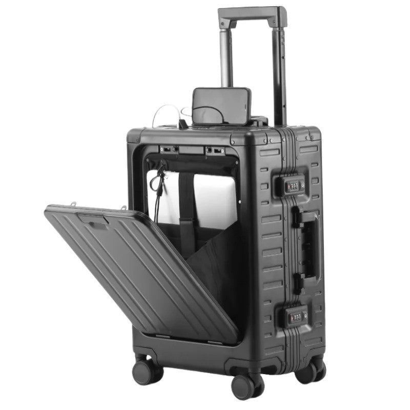 All Aluminum-magnesium Suitcase Front Opening Rolling Luggage with USB Charging Plug TSA Lock Trolley Case 20" Boarding Travel