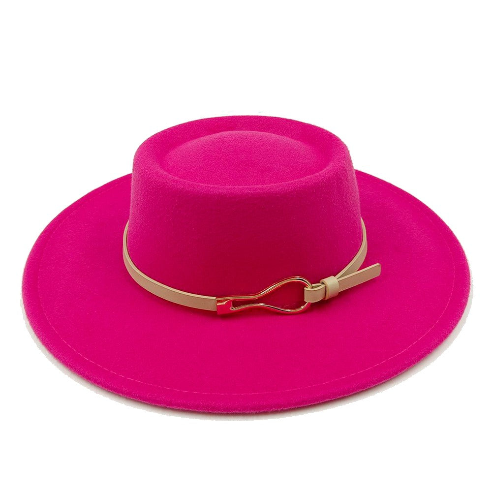 Acessórios femininos de fivela de couro metal com chapéu de feltro de pele com top côncavo e convexo, chapéu fedora e conjunto de bolsa combinando, estilo retrô