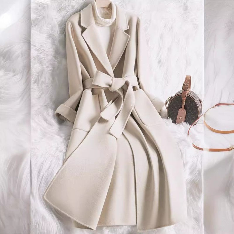 Novo estilo de casaco feminino de lã bege slim fit para outono e inverno, moda japonesa e coreana