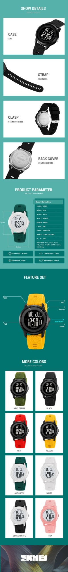 SKMEI 2218 Fashion Digital Watches for Women Men Waterproof Sports LED Display Mens Womens Wristwatches Alarm Reloj De Mujer