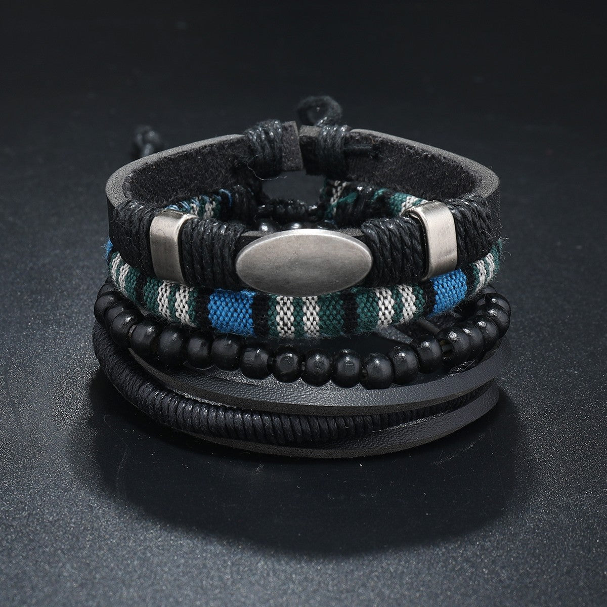 Conjunto de 4 Pulseiras Masculinas Trançadas de Couro com Fecho, Vintage Árvore da Vida Leme, Miçangas de Madeira, Étnicas Tribais, Bracelete de Corda