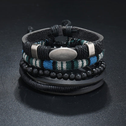 Conjunto de 4 Pulseiras Masculinas Trançadas de Couro com Fecho, Vintage Árvore da Vida Leme, Miçangas de Madeira, Étnicas Tribais, Bracelete de Corda