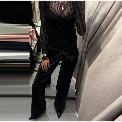 2026 New Solid Black Leather Long Pants For Women Y2K Casual Tie Up Drawstring Flared Trousers Female Chic Street Bell-bottoms