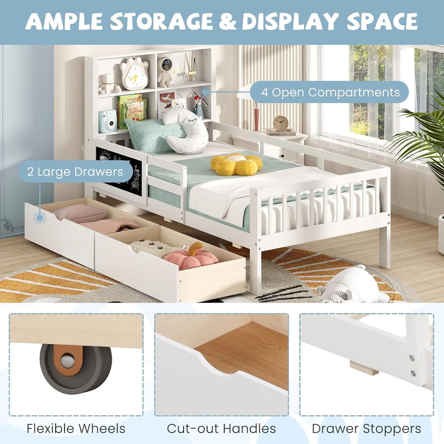 Twin Bed with 2 Storage Drawers, Solid Wood Kids Bed Frame w/Bookcase Headboard & Blackboard, Full-Length Guardrails & W