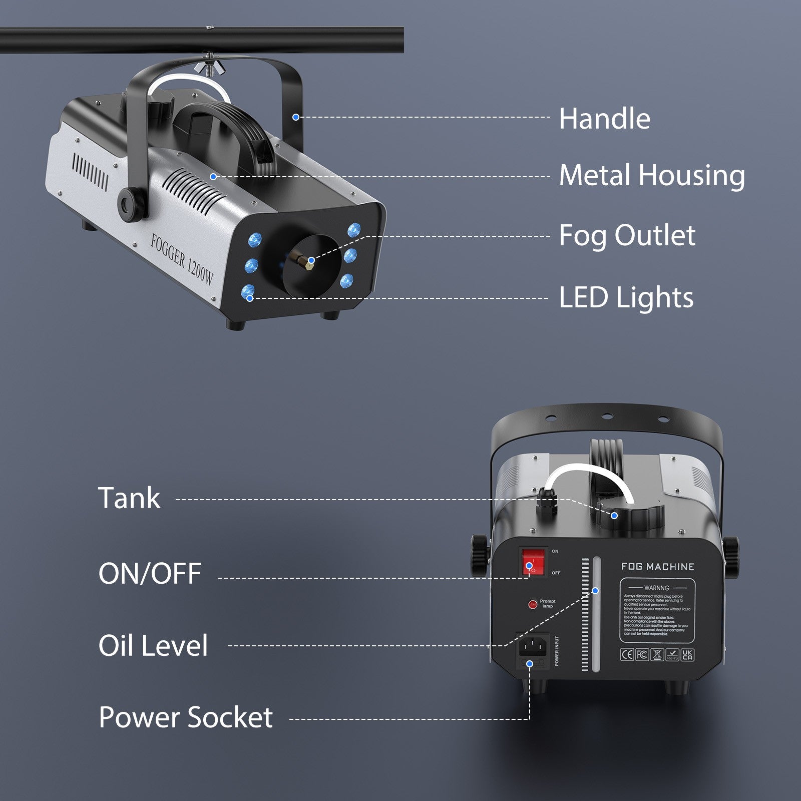 1200W Smoke Machine RGB 6LEDs Lighting Fog Machine Remote Control Stage Smoke Haze Generator for Disco Party Nightclub Wedding