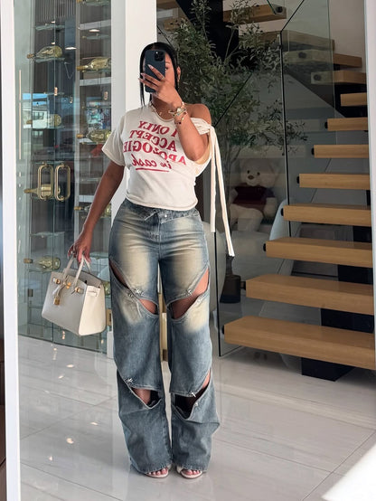 2025 New European and American Women's Clothing Fashion Street Trend Hollow Nail Buckle Old Straight Loose Denim Trousers