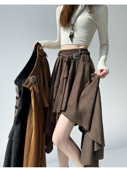 Caramel Suede Half-length Skirt Women's Autumn Winter New Irregular Belt Slim A- Line Midi Umbrella Skirt Comfortable Casual S .