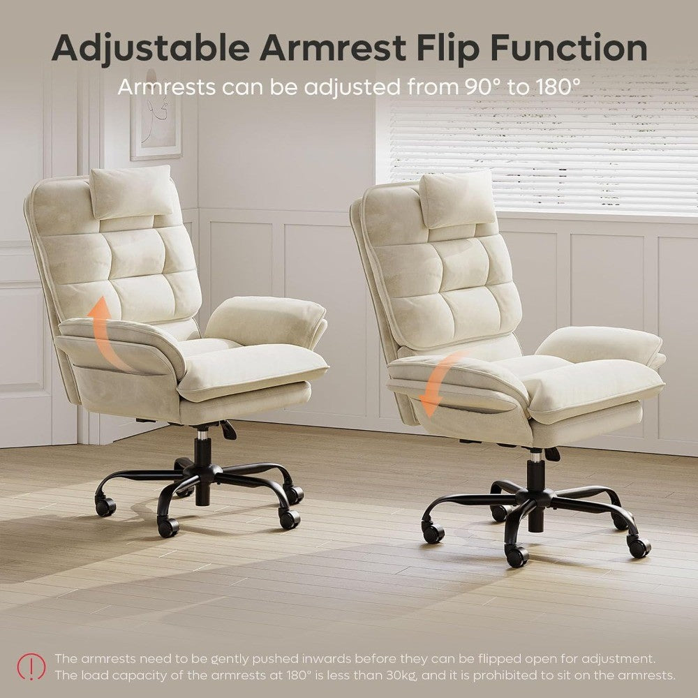 Velvet Executive Office Chair, Ergonomic Chair with Flip-up Arms, 135° Reclining Office Chair with Side Pockets & Headre
