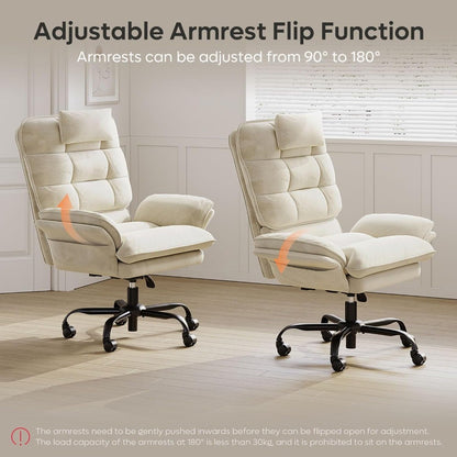 Velvet Executive Office Chair, Ergonomic Chair with Flip-up Arms, 135° Reclining Office Chair with Side Pockets & Headre