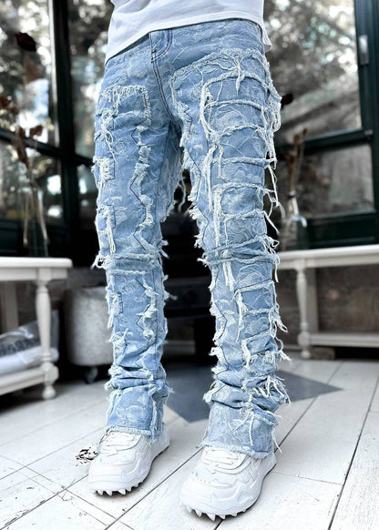 Calça Jeans Masculina Regular Fit Stacked Rasgada Slim Fit Remendada Destruída Reta Jeans Hip Hop Streetwear