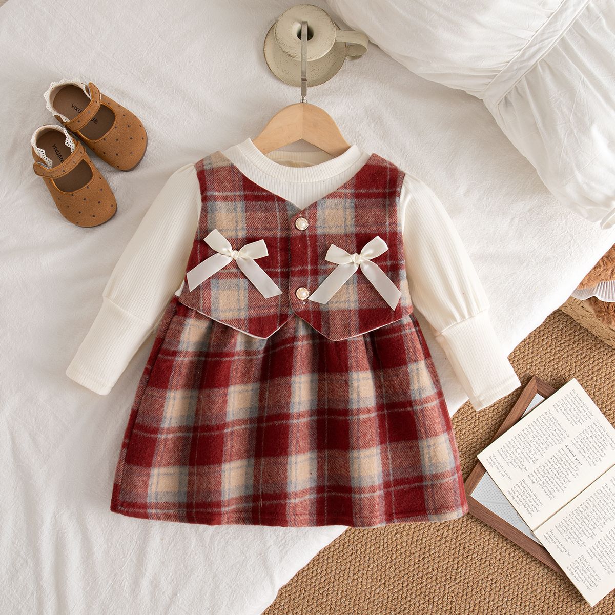 9 Months -3 Years Old Spring And Autumn New Plaid Baby Girl Dress, Sweet Bow Children'S Long Sleeved Clothes