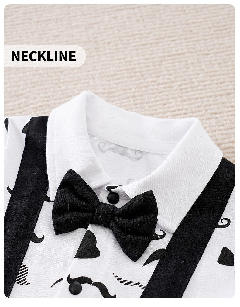 Boys Cartoon Printed Clothes Short Sleeve Bow Tie Romper  Moustache Cotton Baby Gentleman Newborn Toddler Baby Jumpsuit Print