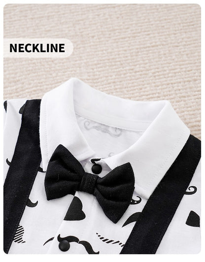 Boys Cartoon Printed Clothes Short Sleeve Bow Tie Romper  Moustache Cotton Baby Gentleman Newborn Toddler Baby Jumpsuit Print