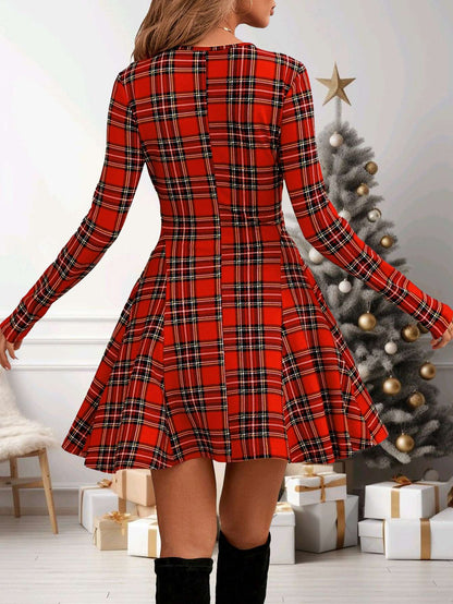 Women's Cute Red Plaid Long Sleeve Dress, Christmas - Vibe Swing Mini Dress, Super Comfy for Holiday Parties & Daily Wear