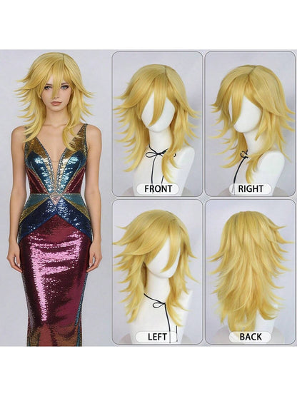 Synthetic Medium Length Fluffy Spiky Women Man Layered Straight Anime Cosplay Wig with Bangs for Halloween Party
