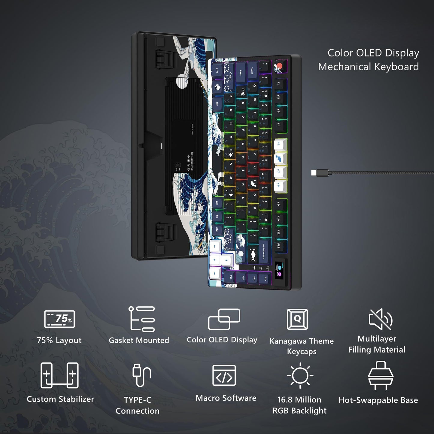 Teclado Mecânico Gamer com Fio e Tela OLED, Hot-Swappable de Teclas Completas, Retroiluminação RGB Pudding para PC, Computador, Notebook