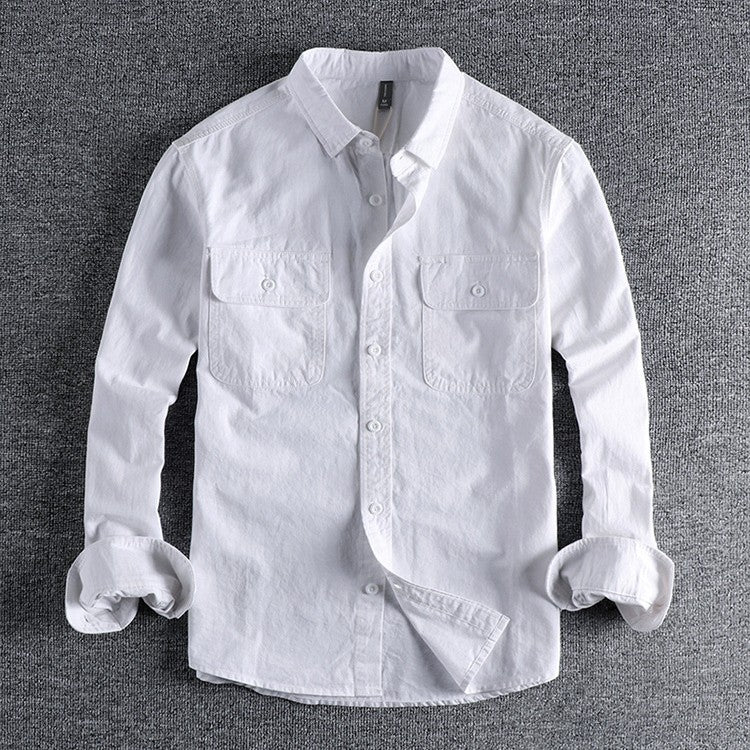 Men's British Simple Solid Color Long Sleeved Shirt Wash Woven Twill Cotton Versatile Ameikeji Fashion Male Cargo Work Shirt