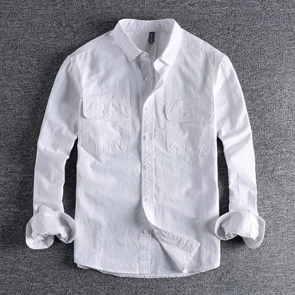 Men's British Simple Solid Color Long Sleeved Shirt Wash Woven Twill Cotton Versatile Ameikeji Fashion Male Cargo Work Shirt