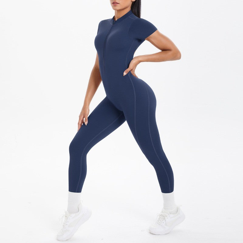 New Women's Yoga Jumpsuit Front Zipper Tight Back Hollow Out Short Sleeve-pants Activewear for Fitness Running Gym Workout
