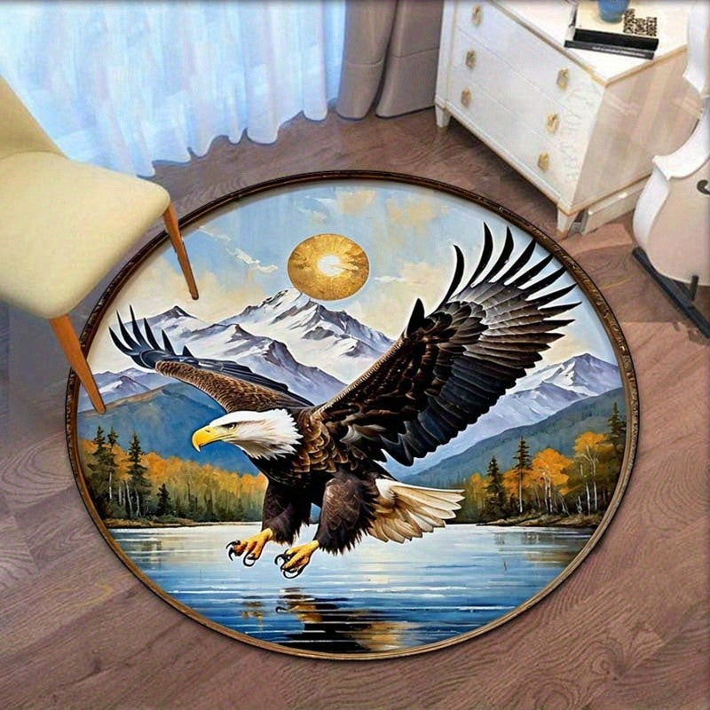 Bald Eagle Mountain Lake Round Rug Nature Wildlife Art Decor Bedroom Living Room Floor Mat Soft Anti Slip Crystal Velvet Rug