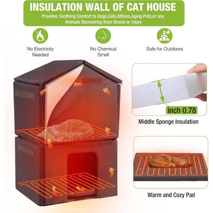 Casinha Aquecida para Gatos Externa 2 Andares Impermeável para Gatos de Rua com Portas de Fuga Tapete Aquecedor Removível para Inverno AIR94-He