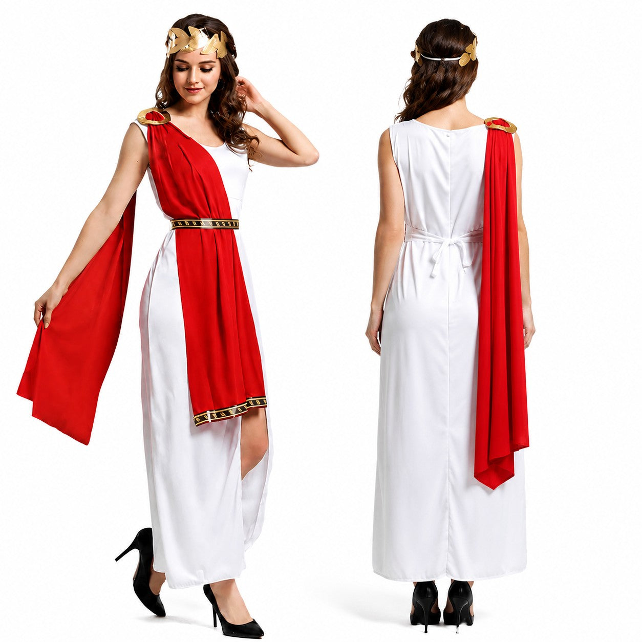 Roman Greek Costume Adult Men Women Couple Toga White Tunic Red Cape Gold Laurel Wreath Halloween Carnival Cosplay Outfit Set