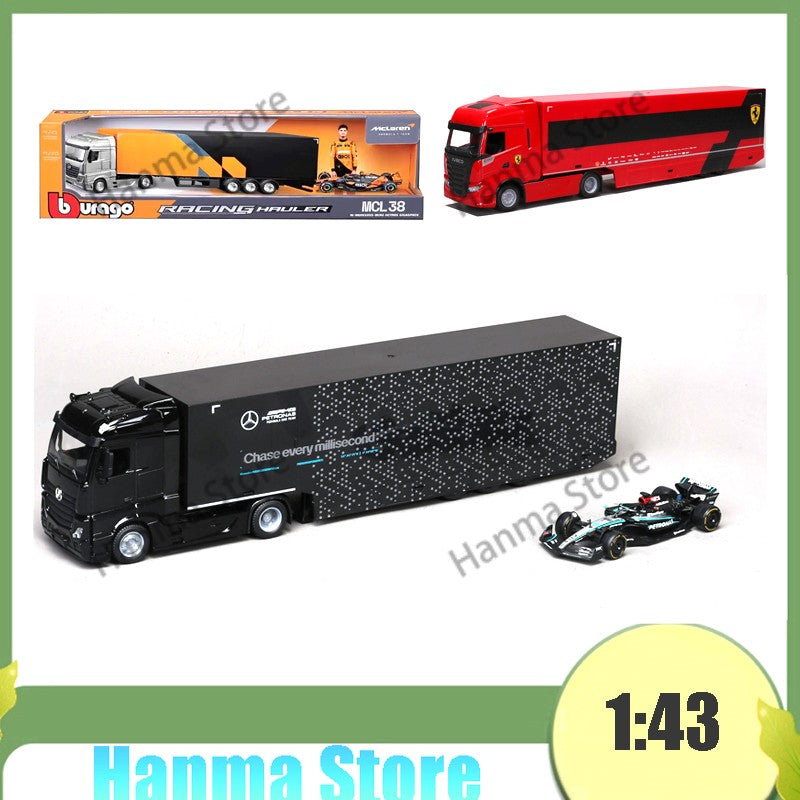 Caminhão-Contêiner Bburago 1:43 F1 Transporte Ferrari SF24 AMG W15 McLaren MCL38 Racing Hauler Brinquedos em Miniatura de Liga Fundida Gi