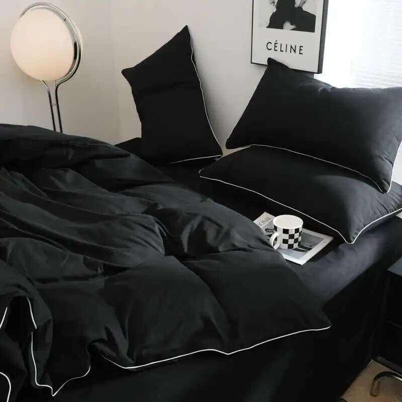 Black Bedding Set - Minimalist Queen/King Size Quilt Set 100% Cotton Plain Bed Cover Full Set (Includes Pillowcases)?