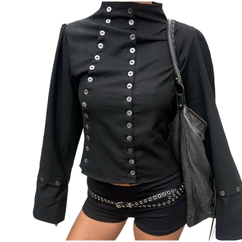 Women's Chic Buttons Cropped Shirt High Neck Solid Y2K Style Slim Fit Tops Grunge Streetwear Vintage Punk Fashion Causal Blouses