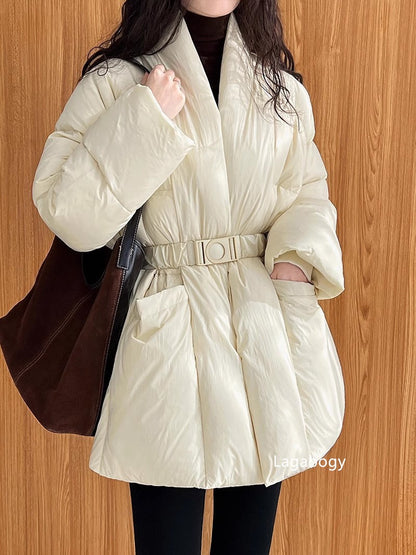 Lagabogy 2025 Winter Belt Waist-Tight Elegant Warm 90% White Duck Down Jacket Female Long Sleeve Solid Color V-neck Puffer Coat