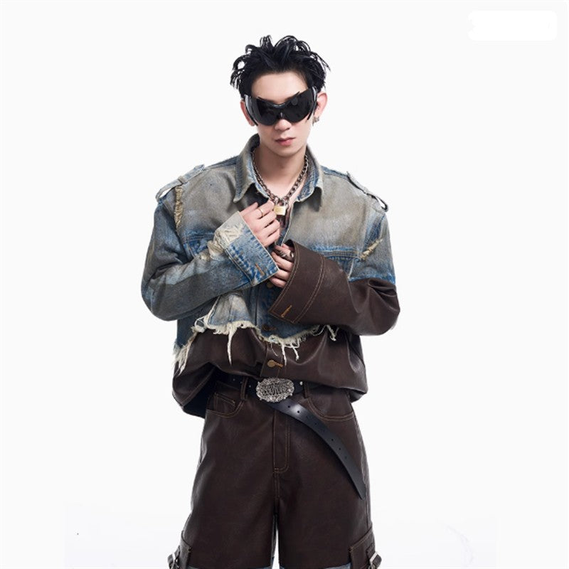 2024 American vintage do old piece-leather destruction denim jacket men fall dirty jacket