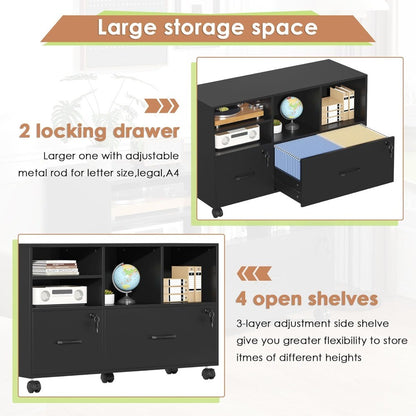 Wood Lateral File Cabinet with Lock,Lockable Rolling Filing Cabinet with Adjustable Storage Shelves,Printer Stand Office Storage