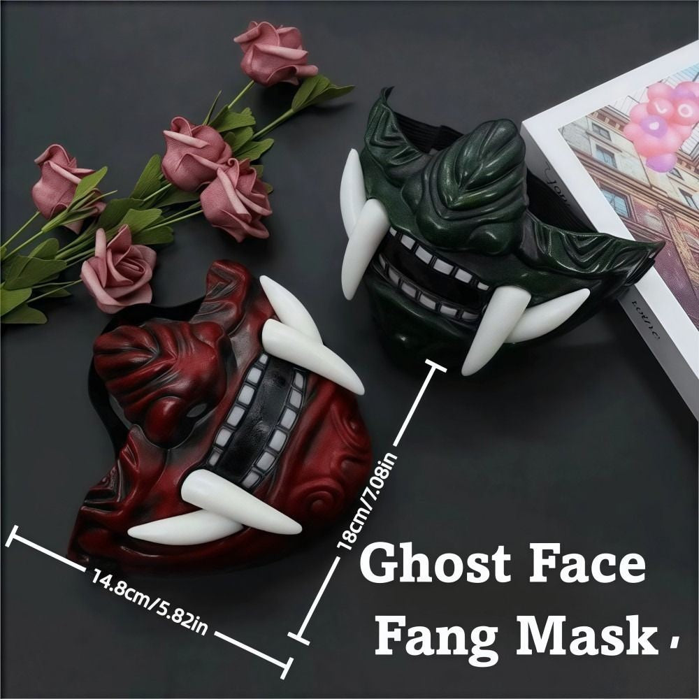 Realistic 3D Japanese Samurai Mask Fierce Teeth Lightweight Halloween Cosplay Masks Breathable Fang Mask Clothing Accessories