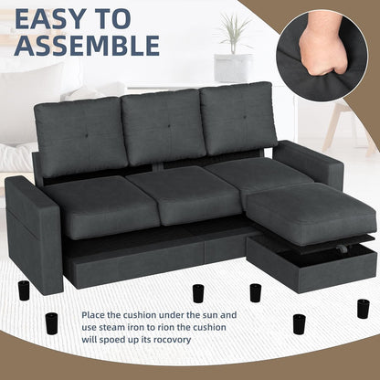 L-Shaped Couch 3 Seat Sofa Set with Linen Fabric and Ottoman Small Couch for Apartments, Black sofa set living room furniture