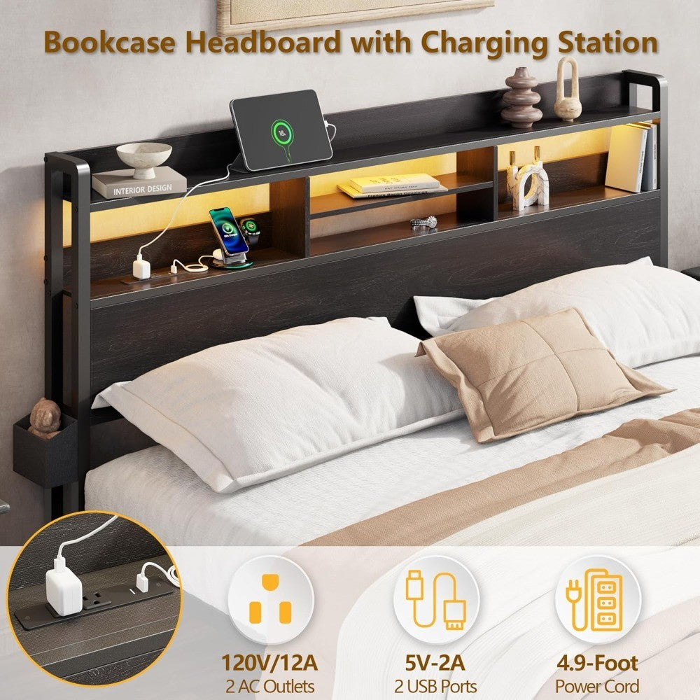 Cama Box de Casal com Estrutura de Madeira, Cama Box de Casal com Plataforma de Metal, 2 Gavetas de Armazenamento e Prateleira, Luzes de LED