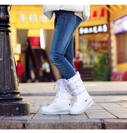 Winter thick women's snow boots Warm Plush Mid-calf Boots Non slip Waterproof  Platform Snow Boot Casual Female White shoes