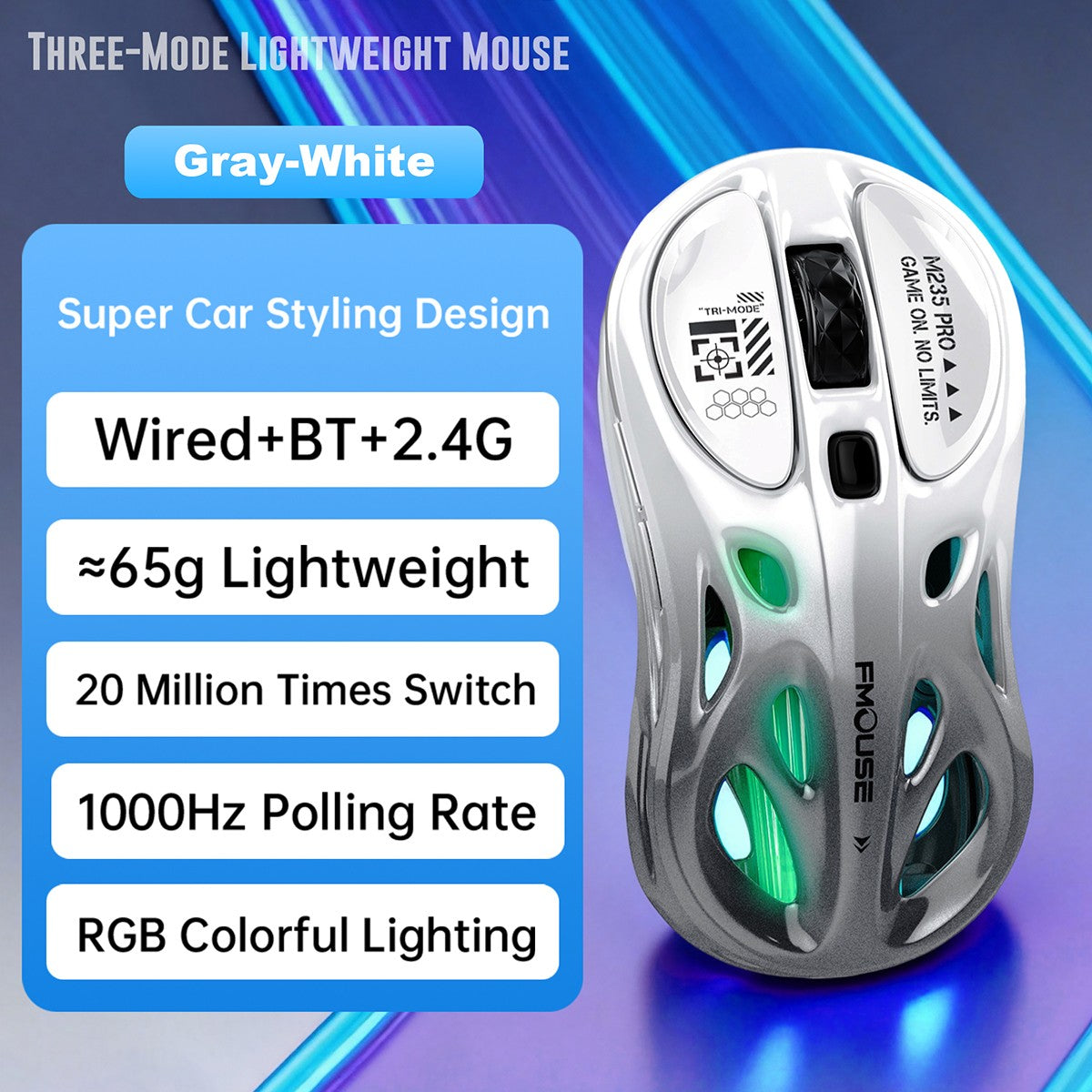 M235 Pro Lightweight Wireless Laptop Mouse BT/2.4G/Wired RGB 1000Hz Polling Rate Programmable Designed for Comfortable Office